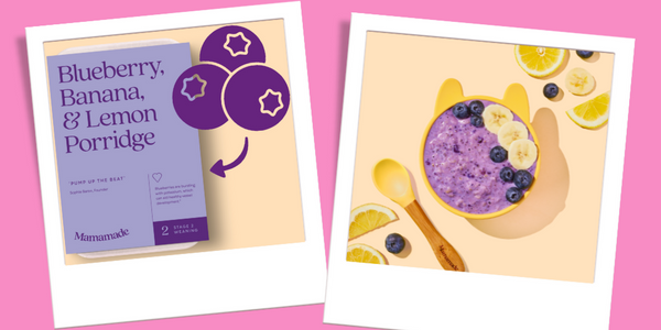 Mamamade Blueberry, Banana & Lemon Porridge with an illustration of blueberry ingredient next to a picture of the meal in a bowl 